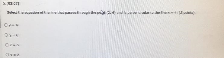 Select the equation of the line that passes through the point (2,6) and is perpendicular-example-1