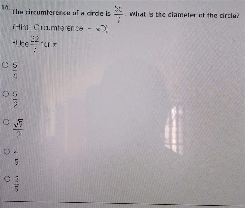 16. The circumference of a circle is 55/7. What is the diameter of the circle? (Hint-example-1