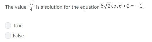 The value pi/4 is a solution for the equation 3 sqrt 2 cos theta+2=-1-example-1