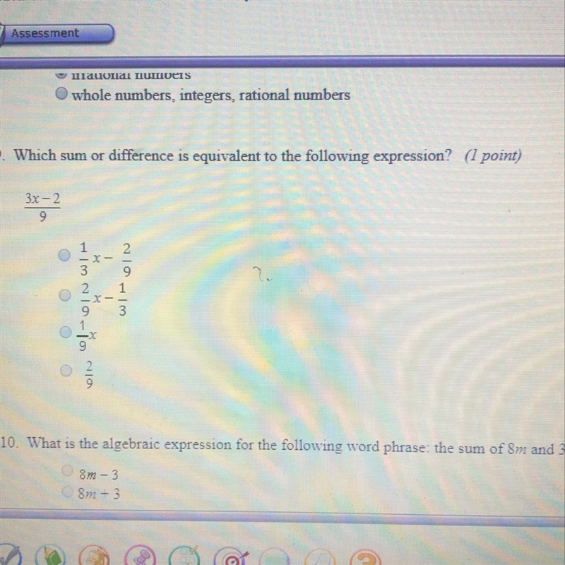 Which sum or difference is equivalent to the following expression 3x-2/9-example-1