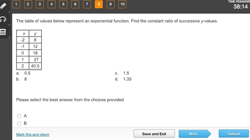 The table of values below represent an exponential function. Find the constant ratio-example-1