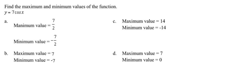 Find the maximum and minimum values of the function. y=7cosx-example-1