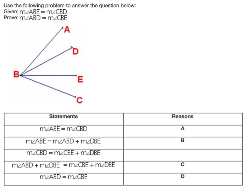 Use the following problem to answer the question below: Given: m∠ABE = m∠CBD Prove-example-1