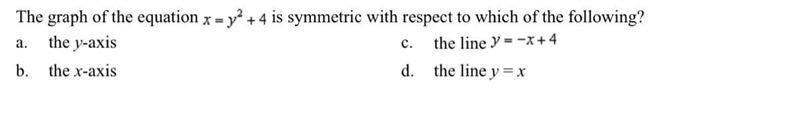 The graph of the equation x=y2+4is symmetric with respect to which of the following-example-1