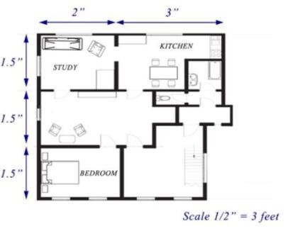 Given the scale drawing of a one bedroom apartment, what is the actual area of the-example-1