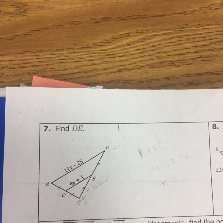 7. Find DE ( Triangle mid-segment theorems)-example-1