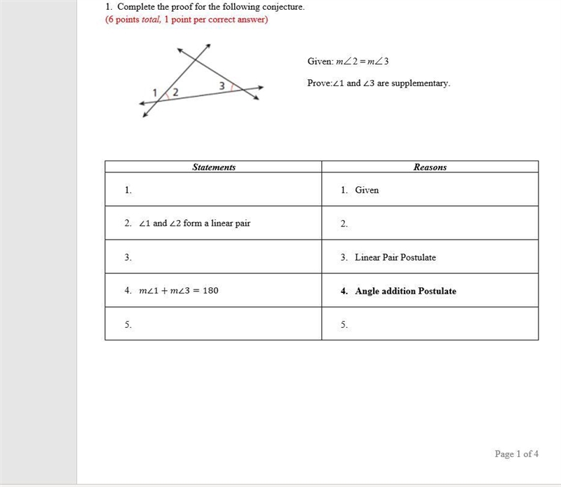 Statements: Reasons: 1.) 1.) Given 2.) ∠1 and ∠2 form a linear pair 2.) 3.) 3.) Linear-example-1