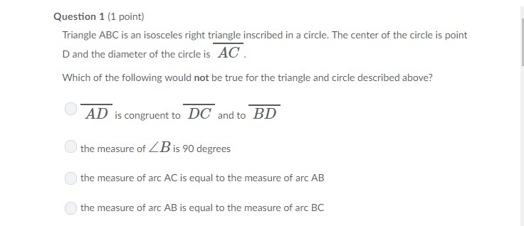 Triangle ABC is an isosceles right triangle inscribed in a circle. The center of the-example-1