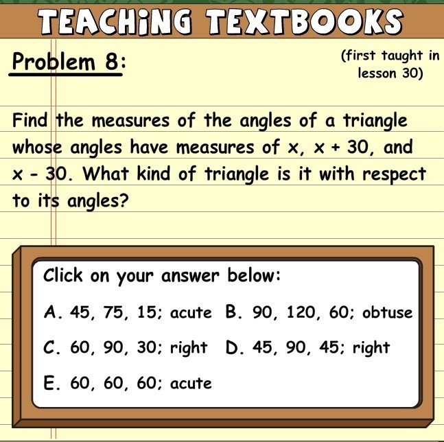 Find the measures of the angles of a triangle whose angles have measures of x, x + 30, and-example-1