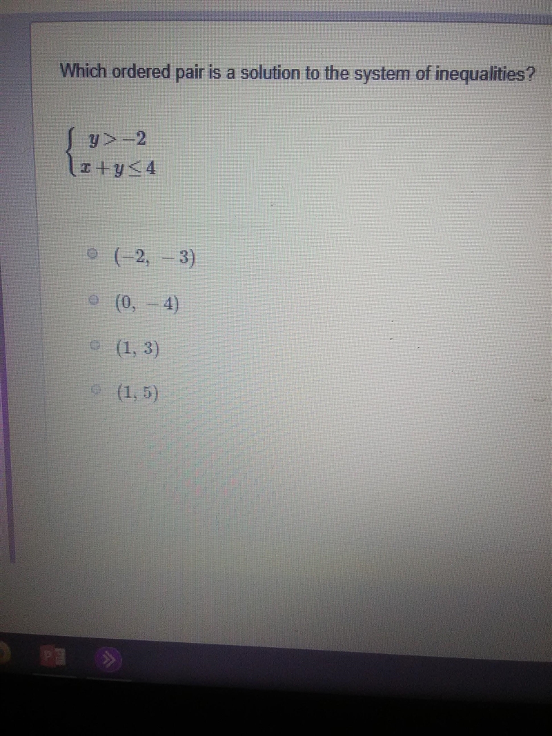 Which ordered pair is a solution to the system of inequalities? look at the picture-example-1