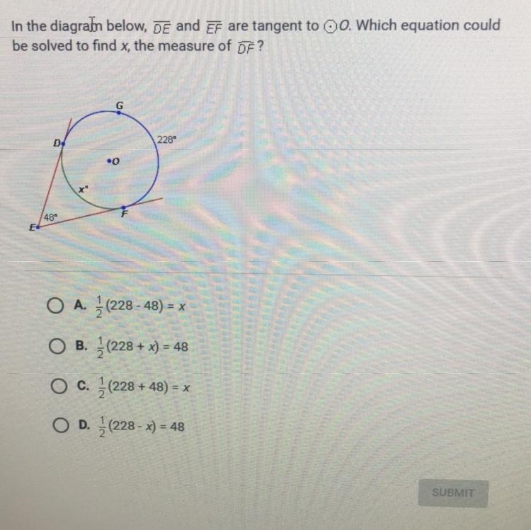 In the diagram below, DE and EF are tangent to O. Which equation could be solved to-example-1