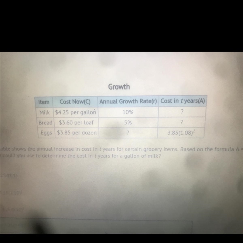 The table shows the annual increase in cost in t years for certain grocery items. based-example-1