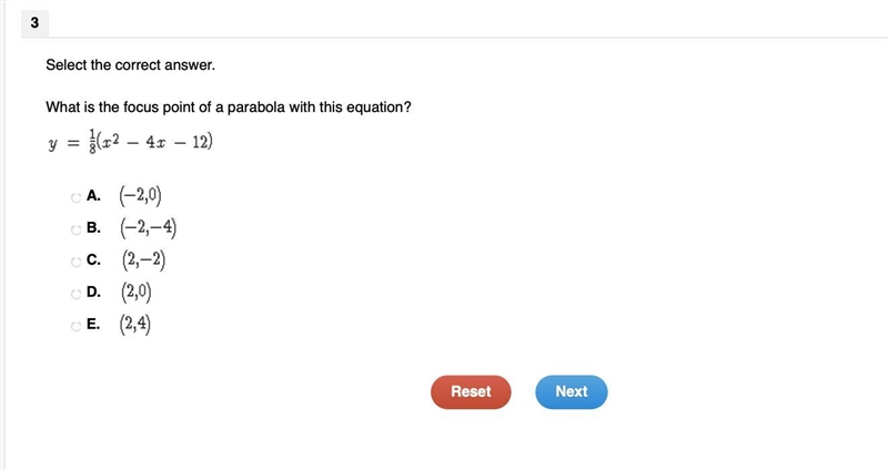 HELP!! Select the correct answer. What is the focus point of a parabola with this-example-1