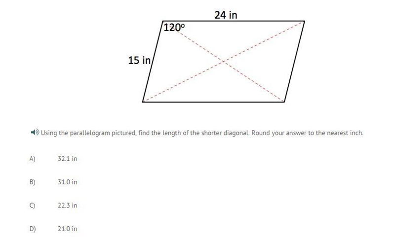 Using the parallelogram pictured, find the length of the shorter diagonal. Round your-example-1