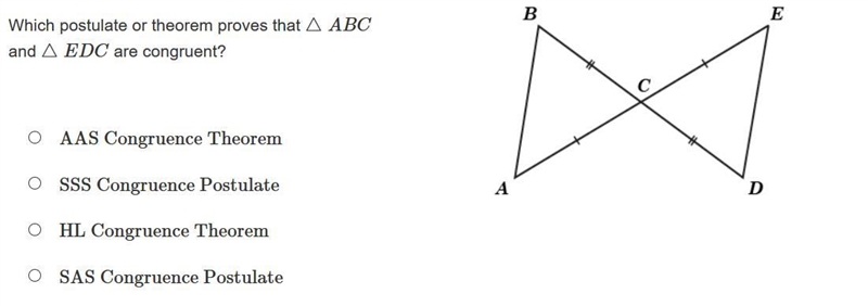 Which postulate or theorem proves that △ABC and △EDC are congruent?-example-1