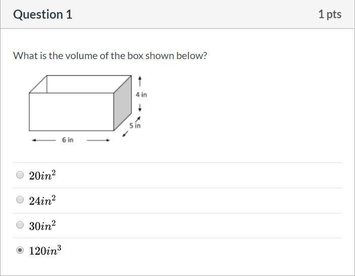 What is the volume of the box shown below? A. 20in^2 20 i n 2 B. 24in^2 24 i n 2 C-example-1