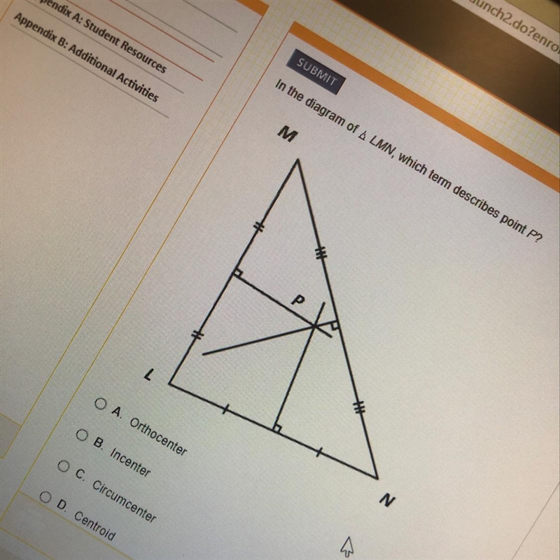 In the diagram of triangle LMN, which term describes point P?-example-1