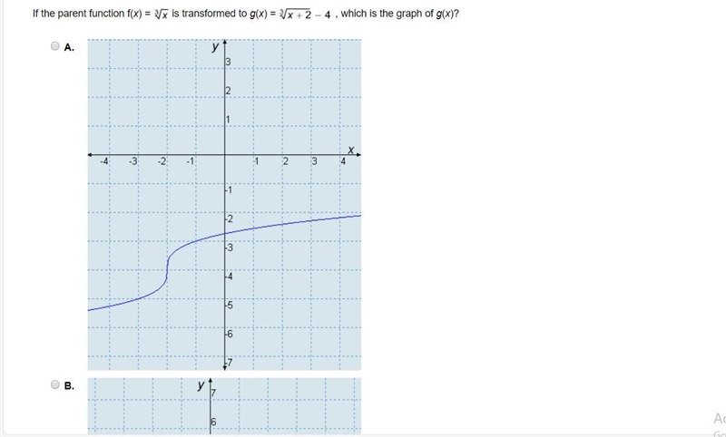 If the parent function f(x)=\root(3)(x) is transformed to g(x)=\root(3)(x+2-4), which-example-1