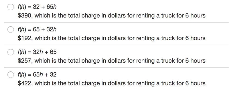 A truck rental company charges $65 plus $32 per hour to rent a truck. Identify the-example-1