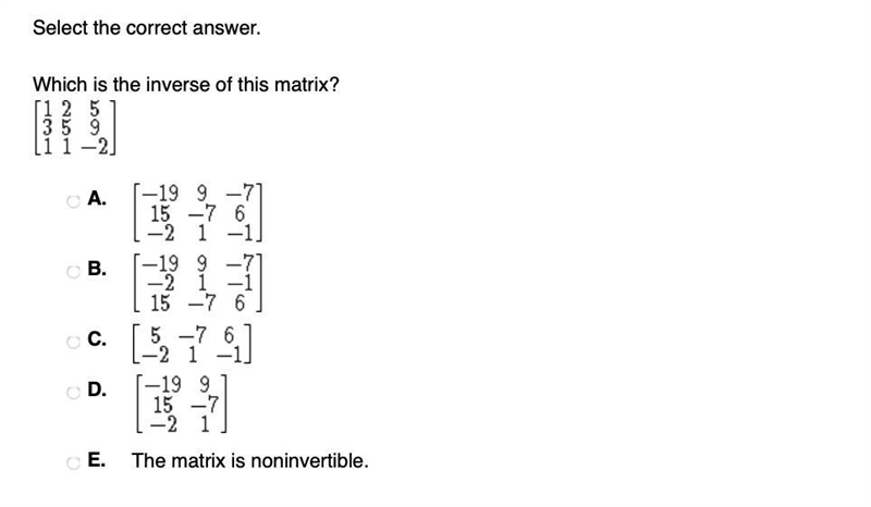 HELP! Which is the inverse of this matrix?-example-1