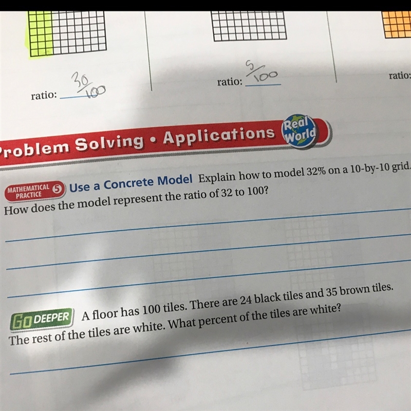 Explain how to model 32% on a 10-by-10 grid. How does the model represent ratio of-example-1