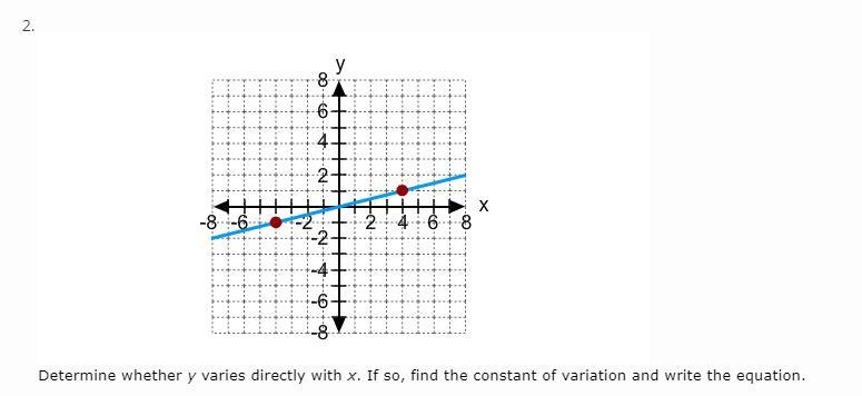 Please help me with these 5 questions! 2. A. No B. yes; k = -1/2 and y = -1/4x C. yes-example-1