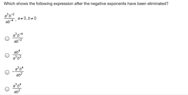 Which shows the following expression after the negative exponents have been eliminated-example-1