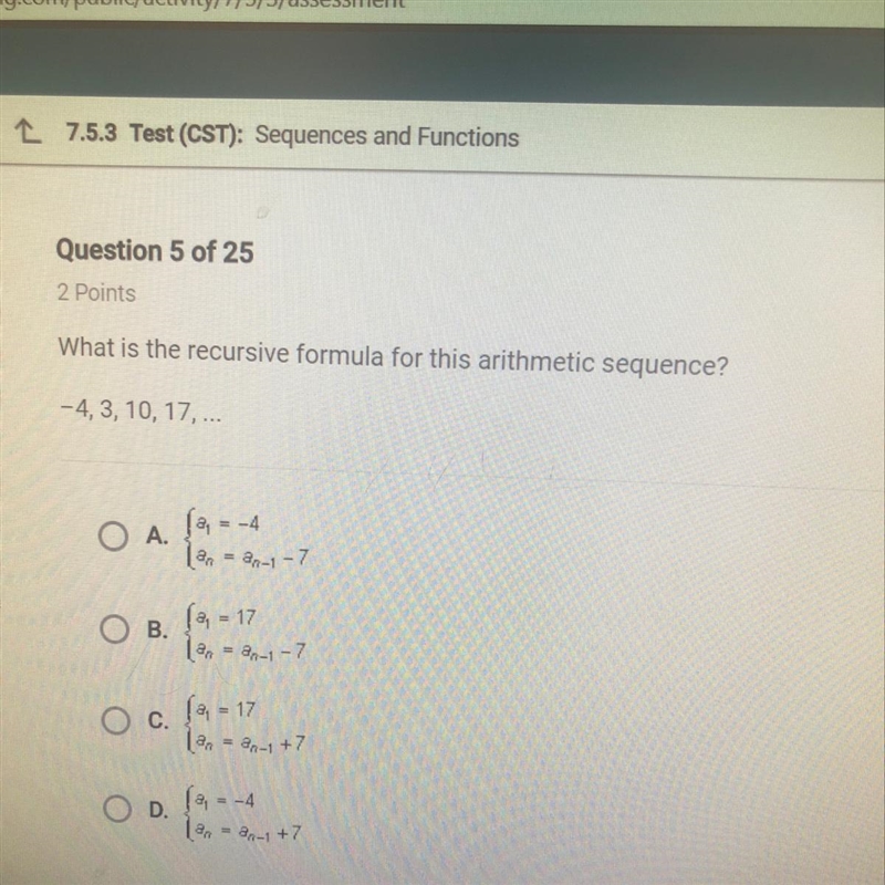 What is the recursive formula for this arithmetic sequence? -4,3,10,17,...-example-1