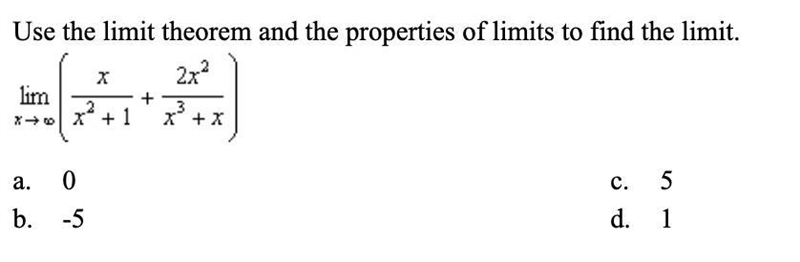 Use the limit theorem and the properties of limits to find the limit.-example-1