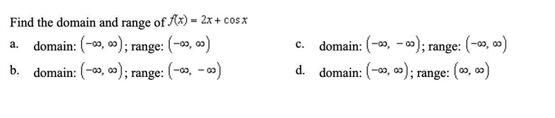 Find the domain and range of f(x)=2x+cos x-example-1