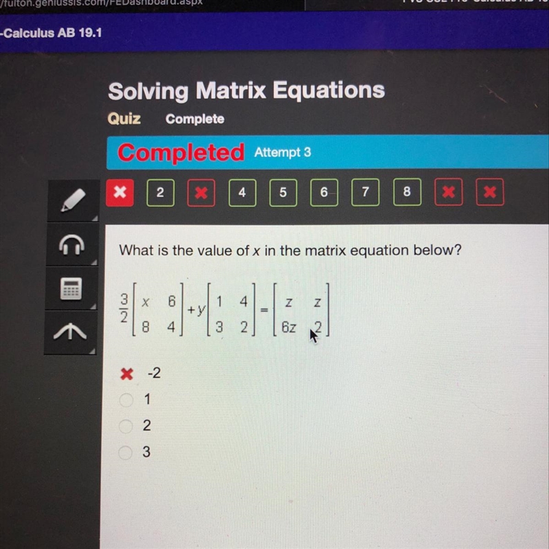 HELP ASAP!! please show work!!! what is the value of x in the matrix equation below-example-1