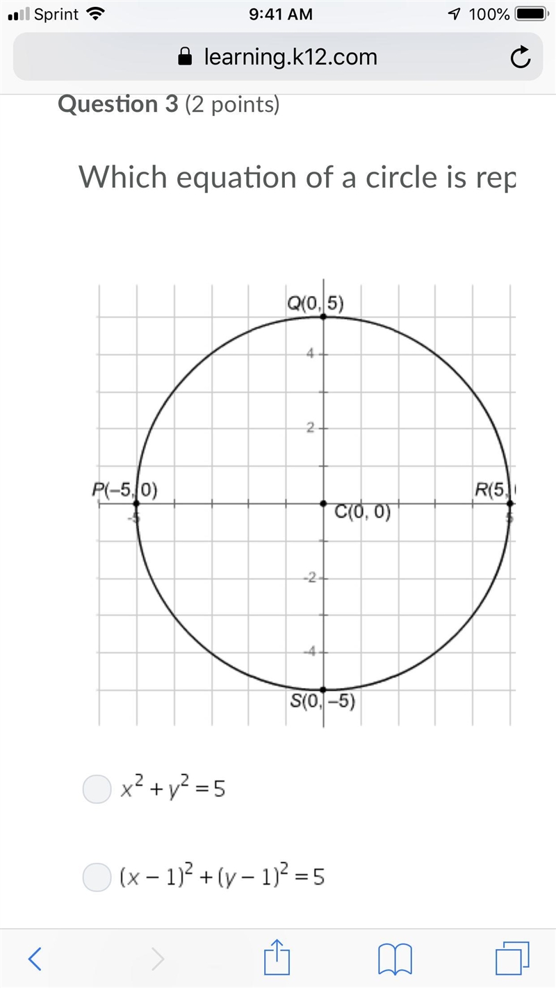 Which equation of a circle is represented by the graph? Missing Metadata Question-example-1