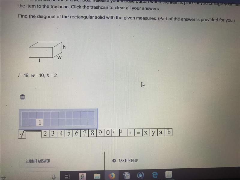 Find the diagonal of the rectangular solid with the given measures. l = 18, w = 10, h-example-1