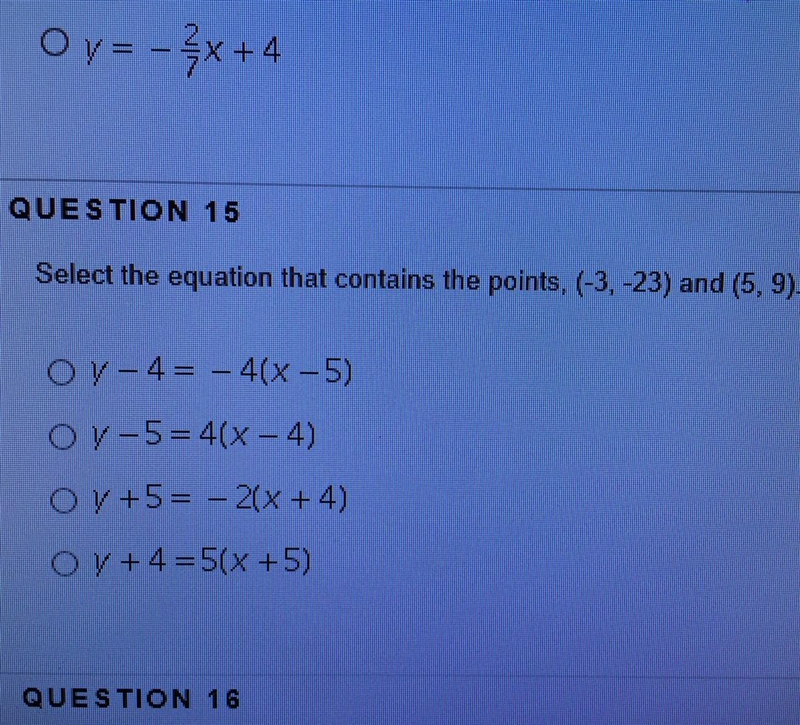 Select the equation that contains the points (-3,-23) and (5,9)-example-1