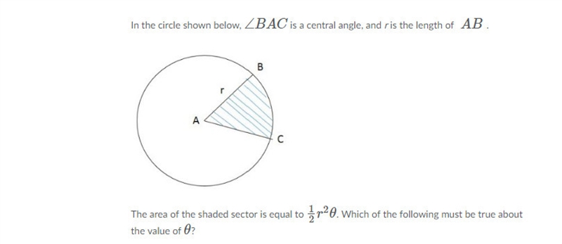 In the circle shown below, ∠BAC is a central angle, and r is the length of AB. The-example-1