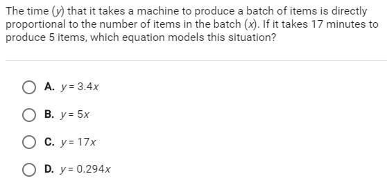 the time (y) that it takes a machine to produce a batch of items is directly proportional-example-1