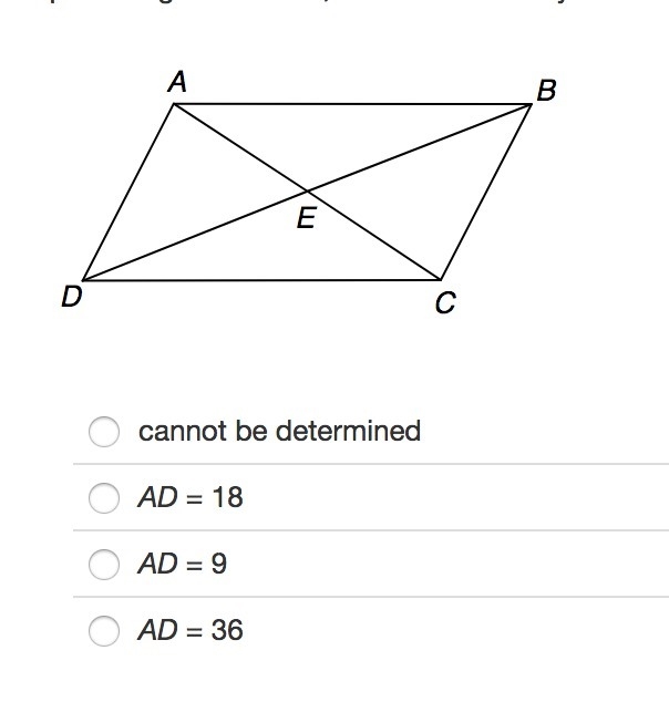 In parallelogram ABCD, AB=18. Identify AD. PLEASE HELP ASAP!!-example-1