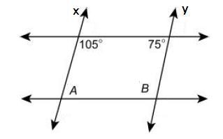 Problem #1 Given the diagram above . . . 1. Is m∠A = 105? Explain. 2. Is ∠B = 75? Explain-example-1