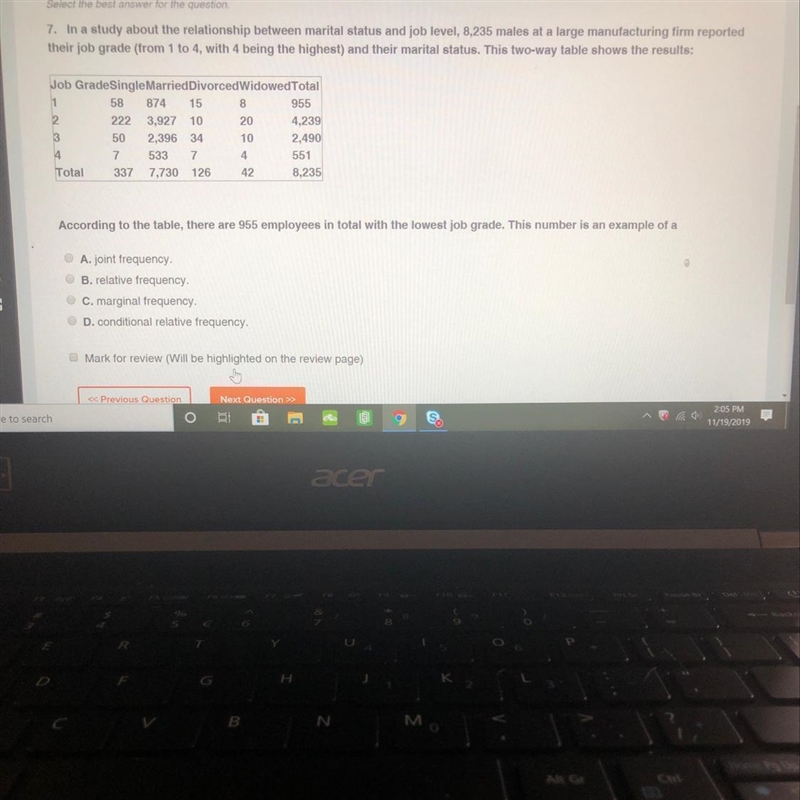 In a study about the relationship between marital status and job level, 8235 males-example-1