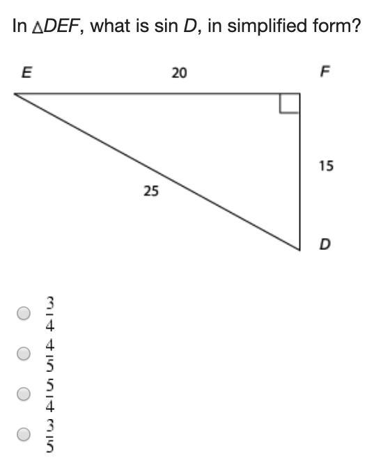 In ΔDEF, what is sin D, in simplified form?-example-1