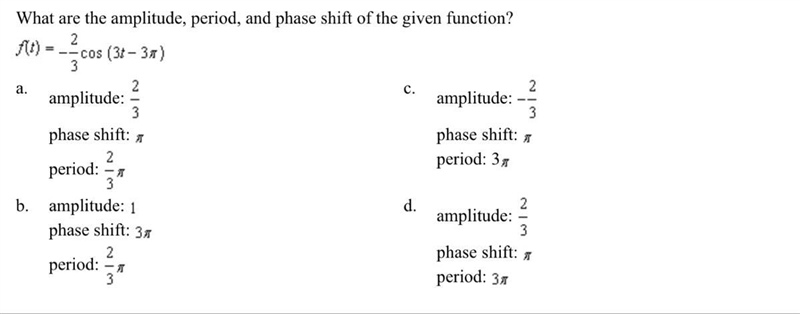 What are the amplitude, period, and phase shift of the given function? f(t)=-2/3 cos-example-1