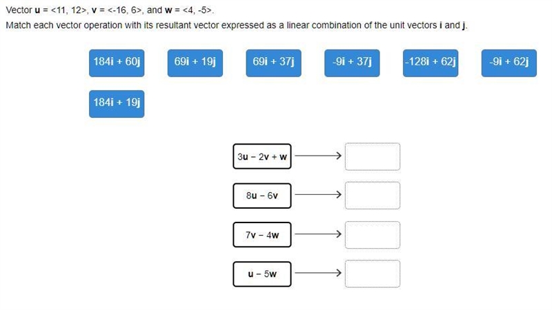 Match each vector operation with its resultant vector expressed as a linear combination-example-1