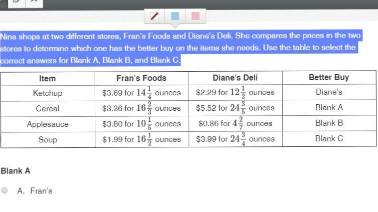 Nina shops at two different stores, Fran’s Foods and Diane’s Deli. She compares the-example-1