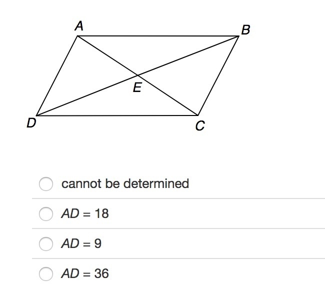 In parallelogram ABCD, AB=18. Identify AD. HELP PLEASE!!-example-1