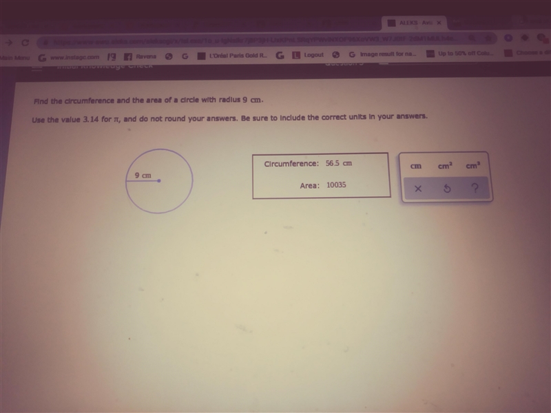 Find the circumference and area of a circle with a radius 9 cm.-example-1