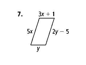 For what values of x and y must the figures below be a parallelogram? SOMEONE HELP-example-1