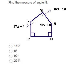 Find the measure of angle N. A. 150° B. 8° C . 90° D. 294°-example-1