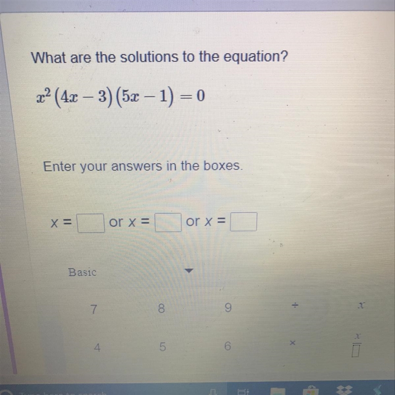 What are the solutions to the equations x^2(4x-3) (5x-1)=0-example-1