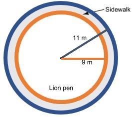 At a zoo, the lion pen has a ring-shaped sidewalk around it. The outer edge of the-example-1