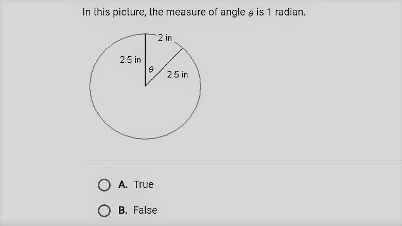 TRUE OR FALSE? PLS HALP ASAP! :O In this picture, the measure of angle theta is 1 radian-example-1